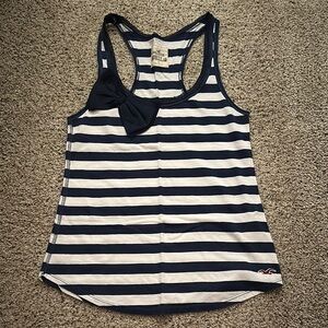 Hollister Navy and White Striped Tank Top with Bow Detail